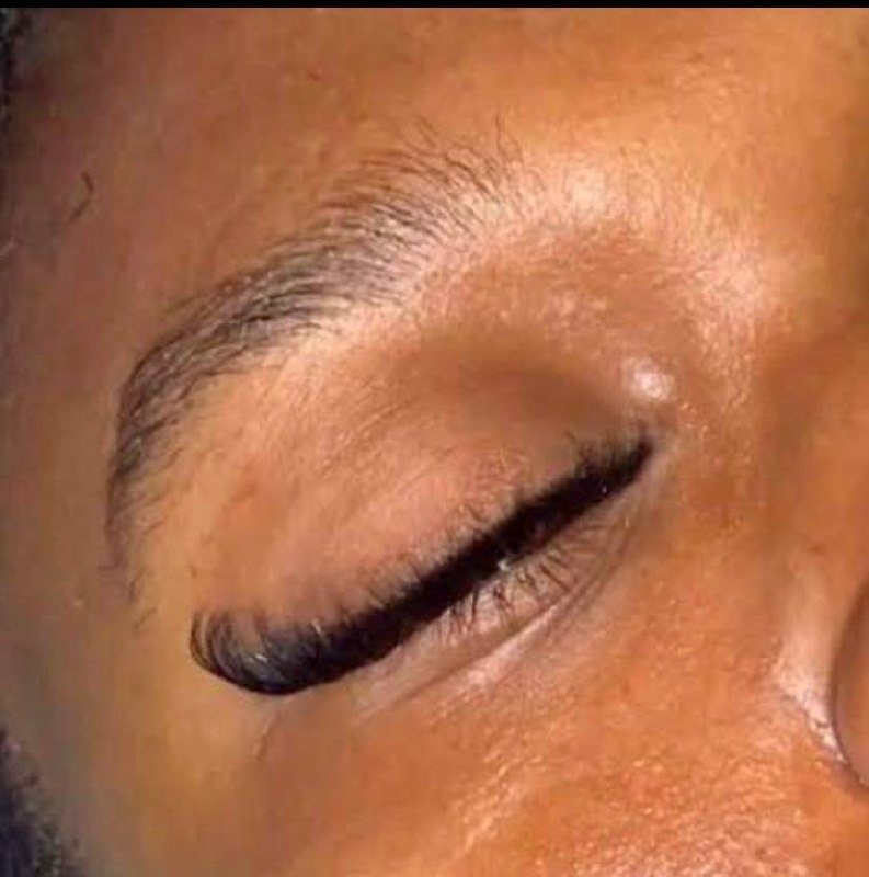 Close-up of a finished lash set on a closed eye, with a full, dark lash line