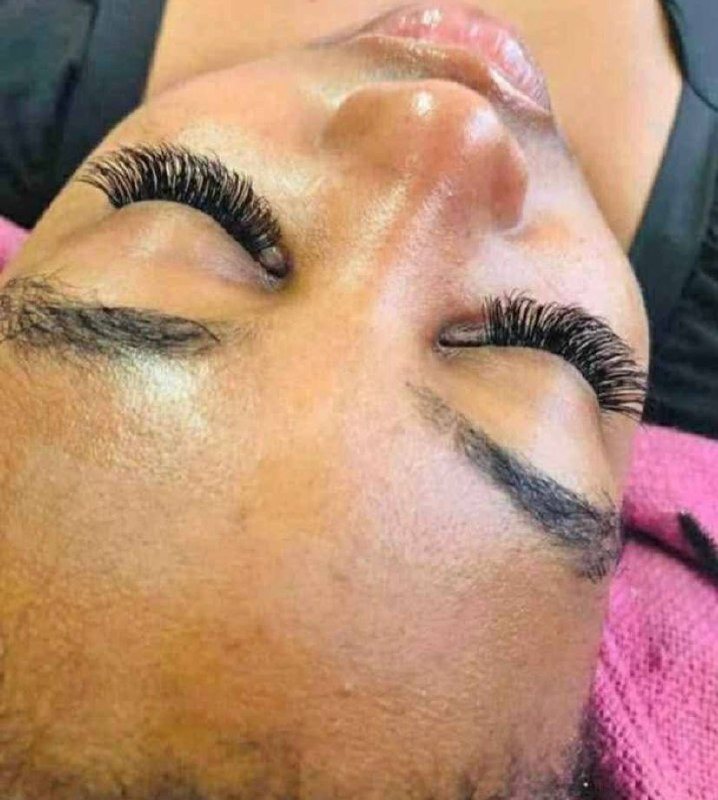 Close-up of a finished eyelash extension set